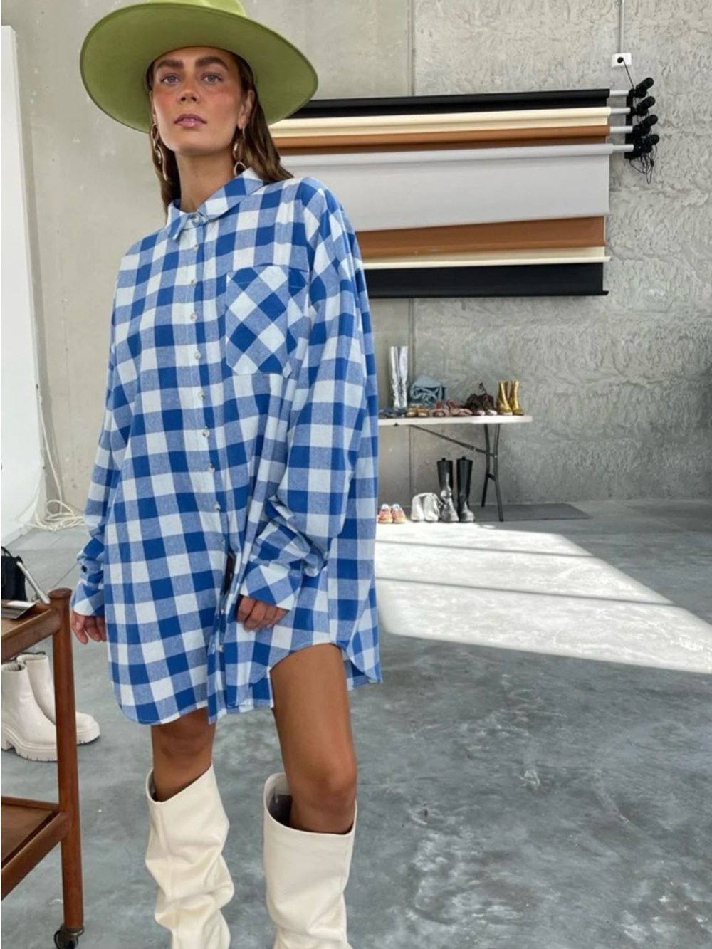 La Boheme Blue and White Gingham Oversized Long Sleeve Shirt Dress ONESIZE